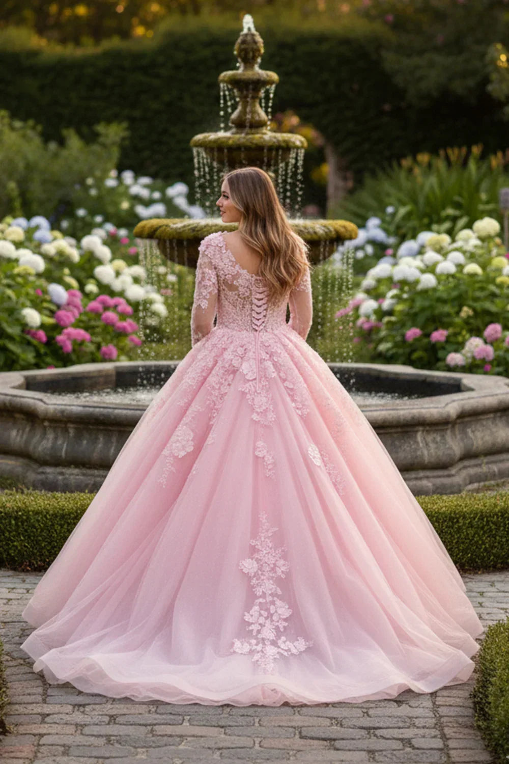 Charming Ball Gown Long Sleeve Quinceañera Dress With Floral Lace | Promspark