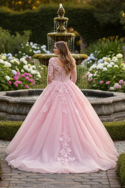 Charming Ball Gown Long Sleeve Quinceañera Dress With Floral Lace | Promspark
