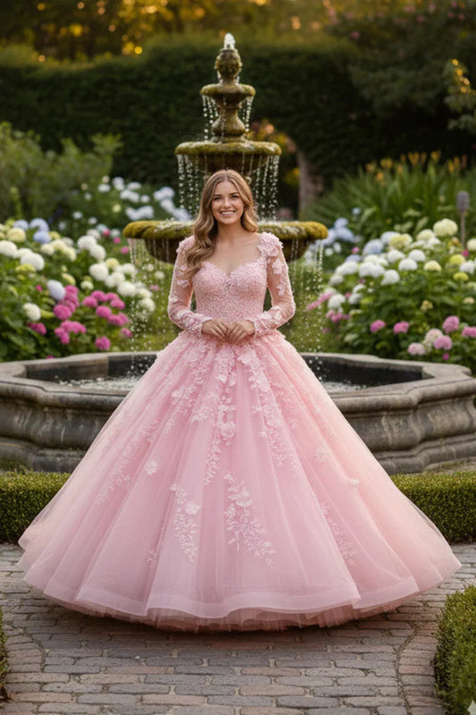 Charming Ball Gown Long Sleeve Quinceañera Dress With Floral Lace | Promspark