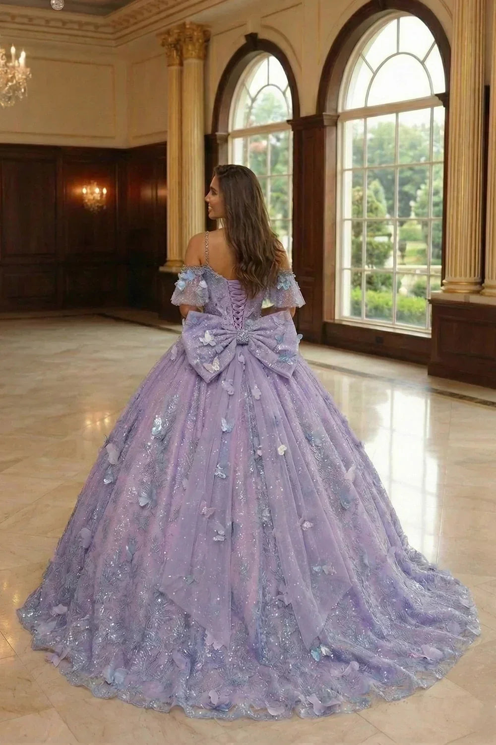 Charming Ball Gown V Neck Quinceañera Dress With  3D Butterfly and Embroidery | Promspark