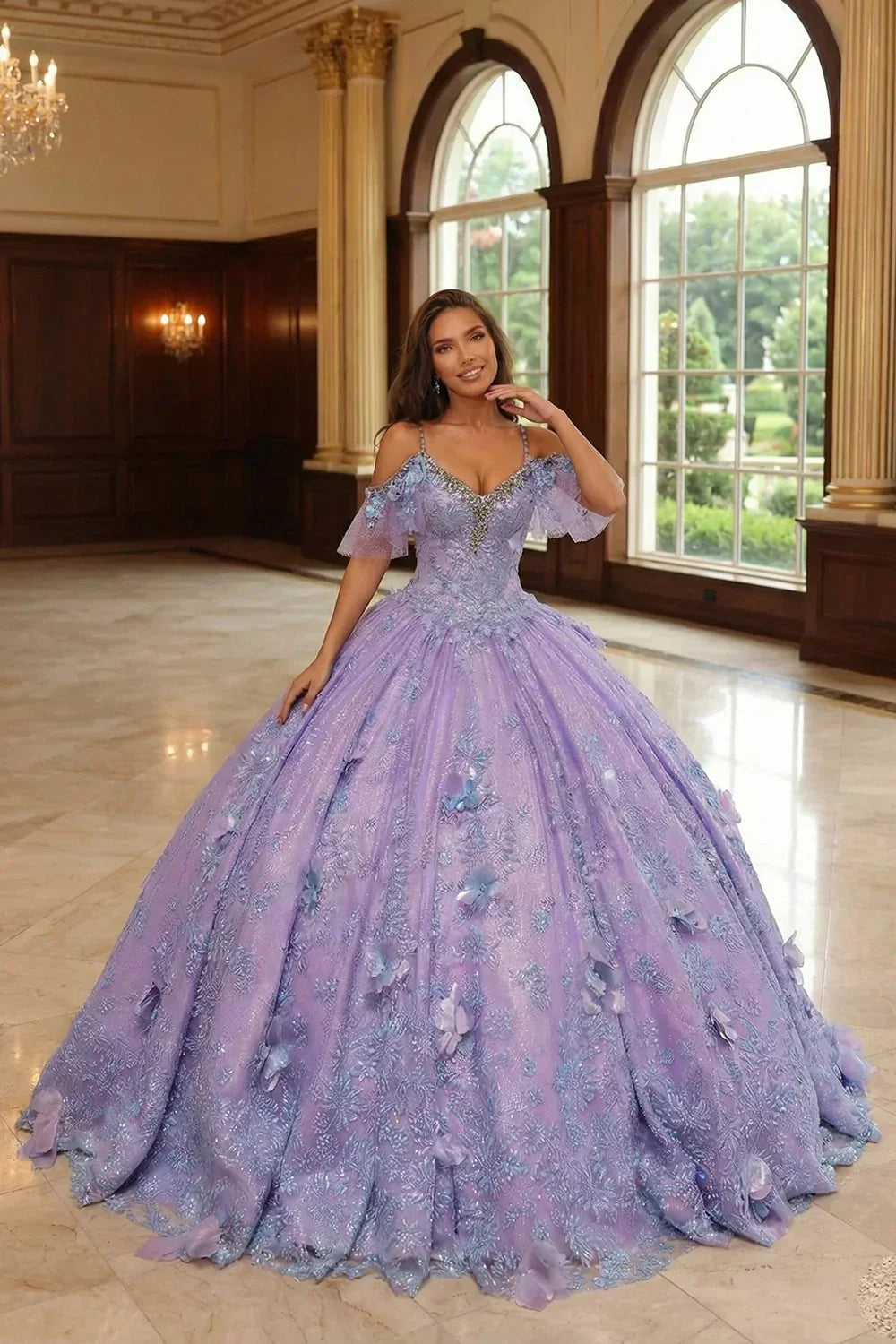 Charming Ball Gown V Neck Quinceañera Dress With  3D Butterfly and Embroidery | Promspark