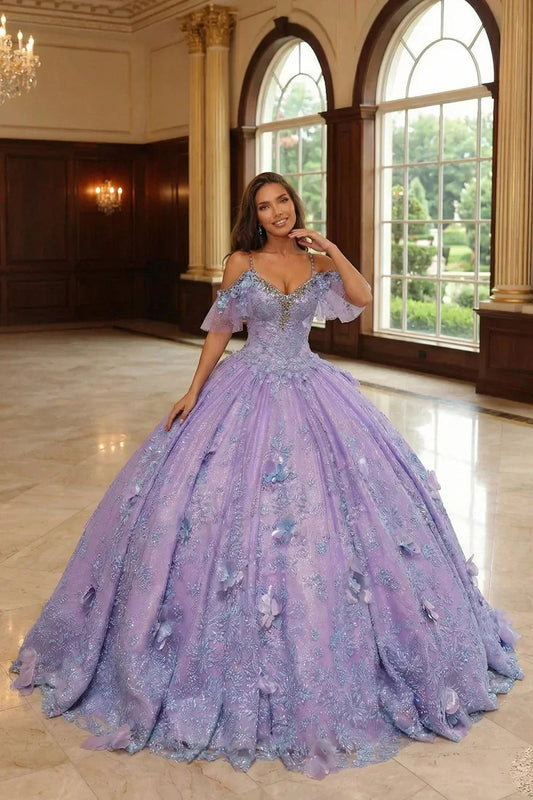 Charming Ball Gown V Neck Quinceañera Dress With  3D Butterfly and Embroidery | Promspark