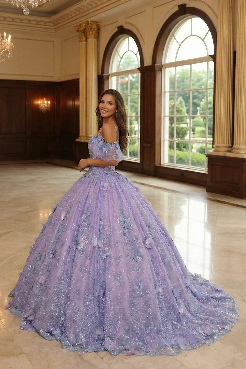 Charming Ball Gown V Neck Quinceañera Dress With  3D Butterfly and Embroidery | Promspark