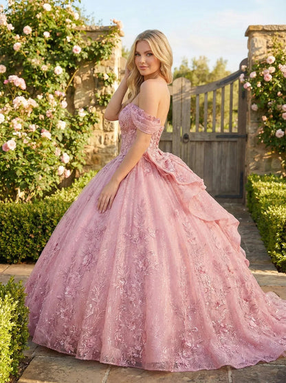 Charming Ball Gown cold shoulder Quinceañera Dress With Embroidery and Bow | Promspark