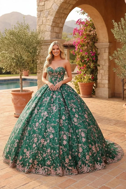 Charming Glitter Ball Gown Sleeveless Quinceañera Dress With Embroidery and Bow | Promspark
