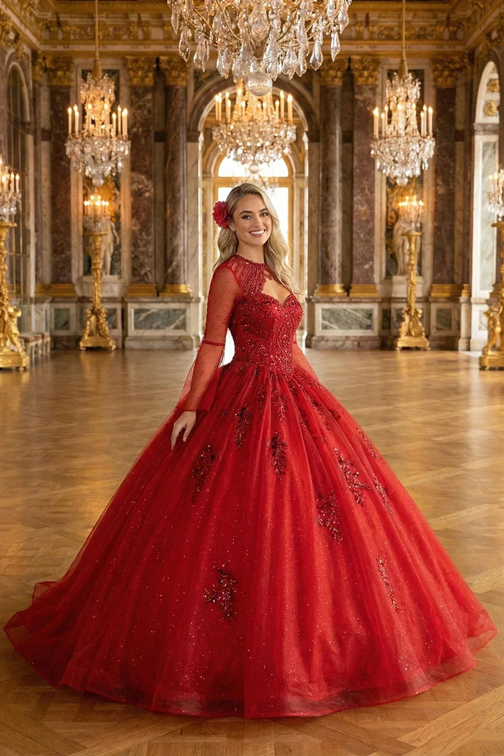 Chic High Neck Tulle QUINCEAÑERA Dress With Lace & Cut-out Back | Promspark