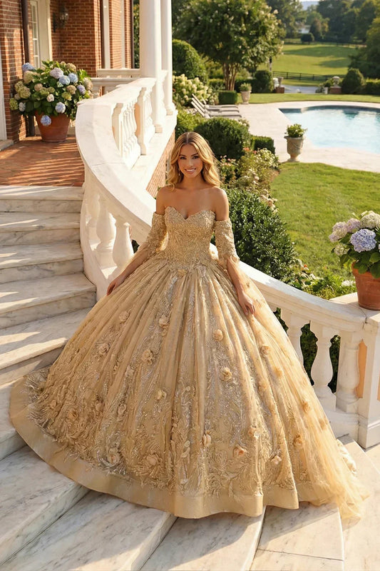 Off-the-shoulder Tulle  QUINCEAÑERA Dress With 3D Floral & Glitter | Promspark