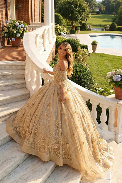 Off-the-shoulder Tulle  QUINCEAÑERA Dress With 3D Floral & Glitter | Promspark