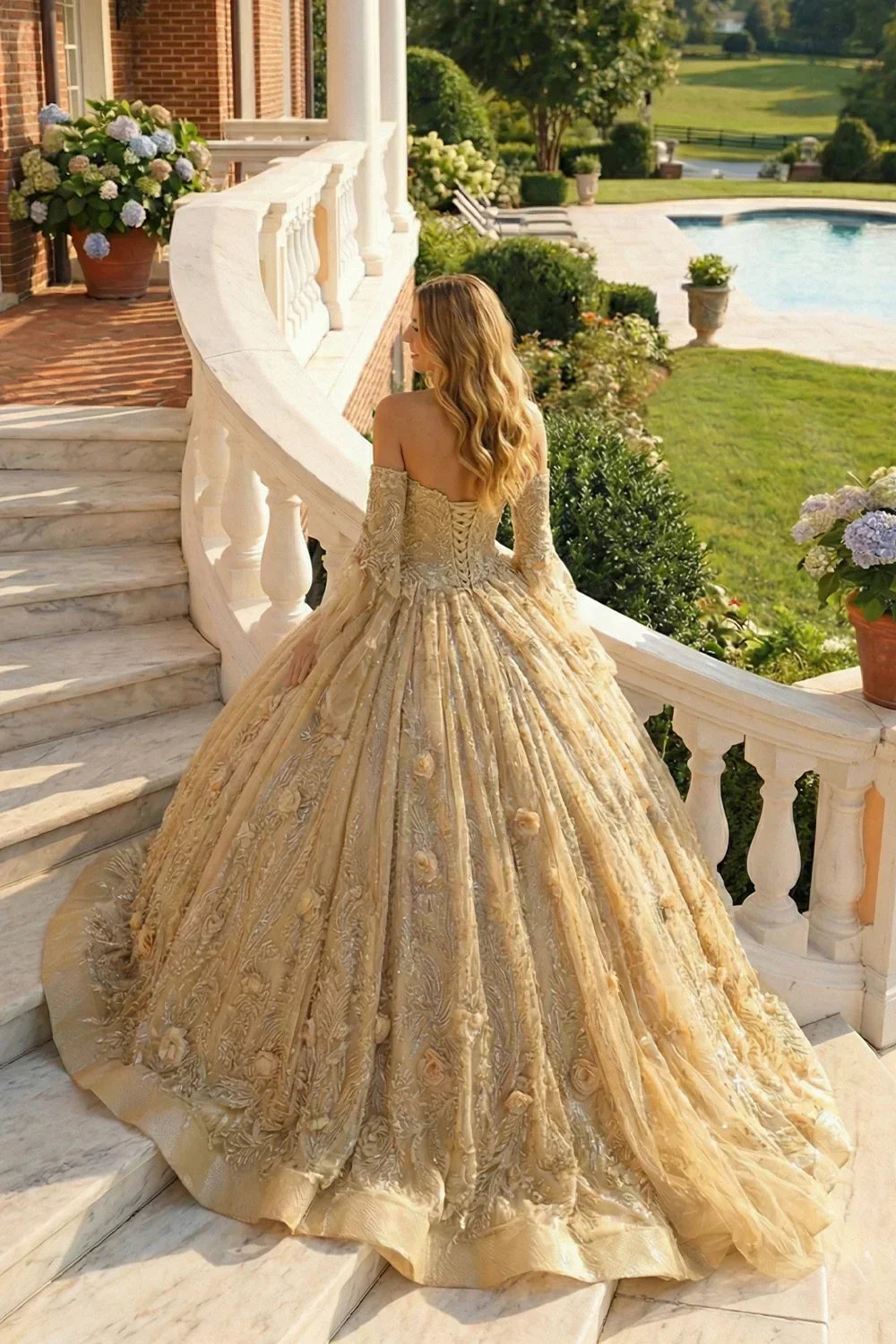 Off-the-shoulder Tulle  QUINCEAÑERA Dress With 3D Floral & Glitter | Promspark