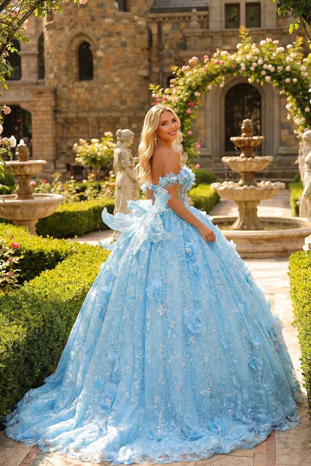 Elegant Ball Gown Cold Shoulder Quinceañera Dress With 3D Floral and Bow | Promspark