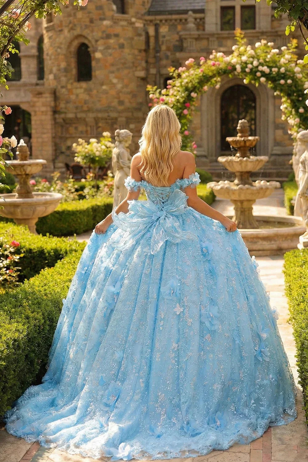 Elegant Ball Gown Cold Shoulder Quinceañera Dress With 3D Floral and Bow | Promspark
