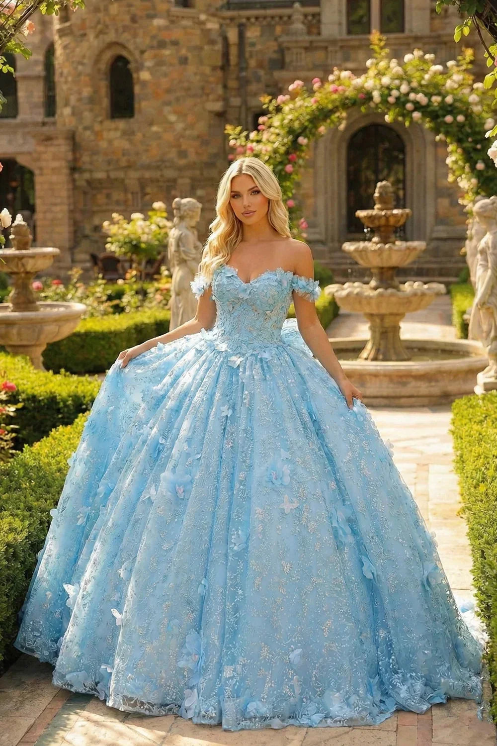 Elegant Ball Gown Cold Shoulder Quinceañera Dress With 3D Floral and Bow | Promspark