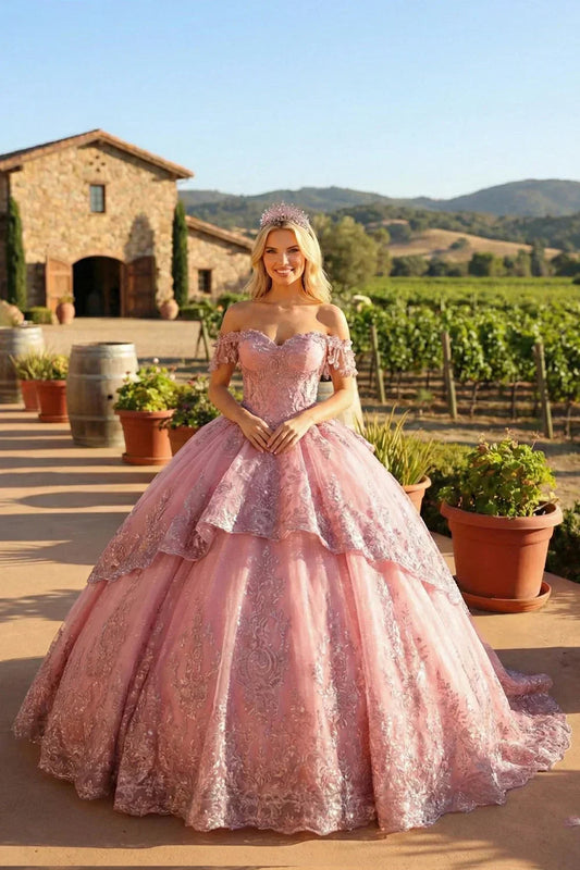 Elegant Ball Gown Cold Shoulder Quinceañera Dress With Floral Appliqued and bow | Promspark