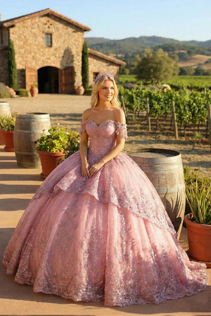 Elegant Ball Gown Cold Shoulder Quinceañera Dress With Floral Appliqued and bow | Promspark