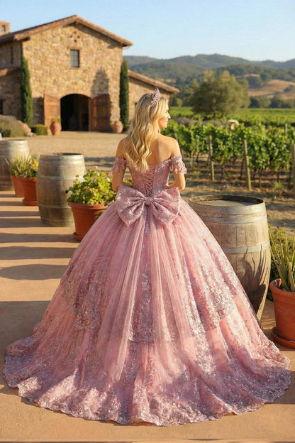 Elegant Ball Gown Cold Shoulder Quinceañera Dress With Floral Appliqued and bow | Promspark