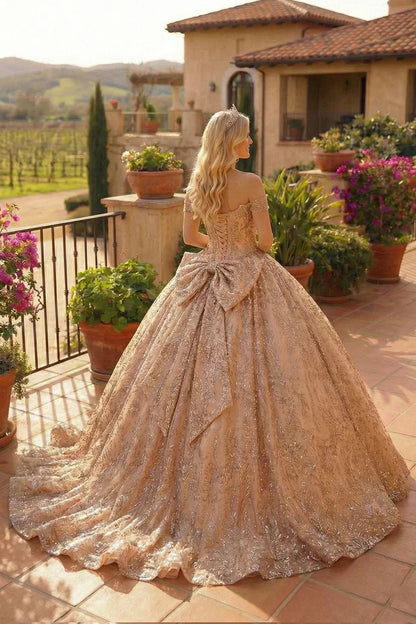 Elegant Ball Gown Cold Shoulder Quinceañera Dress With Floral Embroidery | Promspark