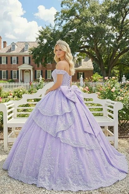 Layered Ruffled Ball Gown Cold Shoulder Quinceañera Dress With Embroidery | Promspark