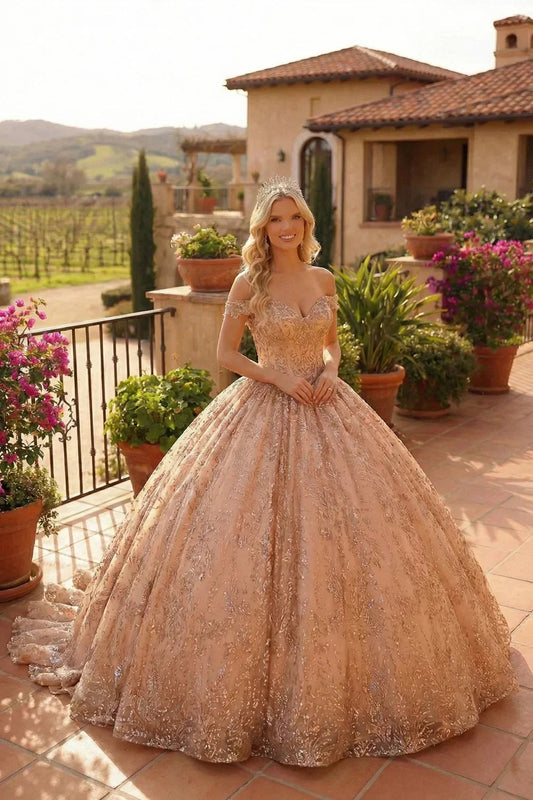 Elegant Ball Gown Cold Shoulder Quinceañera Dress With Floral Embroidery | Promspark