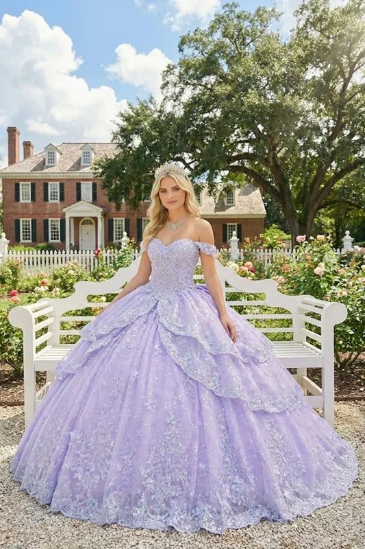 Layered Ruffled Ball Gown Cold Shoulder Quinceañera Dress With Embroidery | Promspark