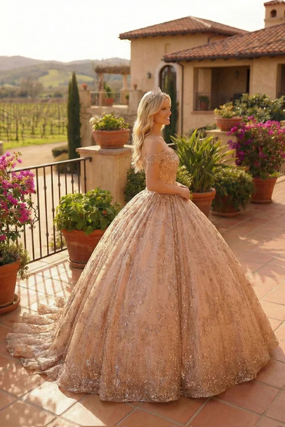 Elegant Ball Gown Cold Shoulder Quinceañera Dress With Floral Embroidery | Promspark