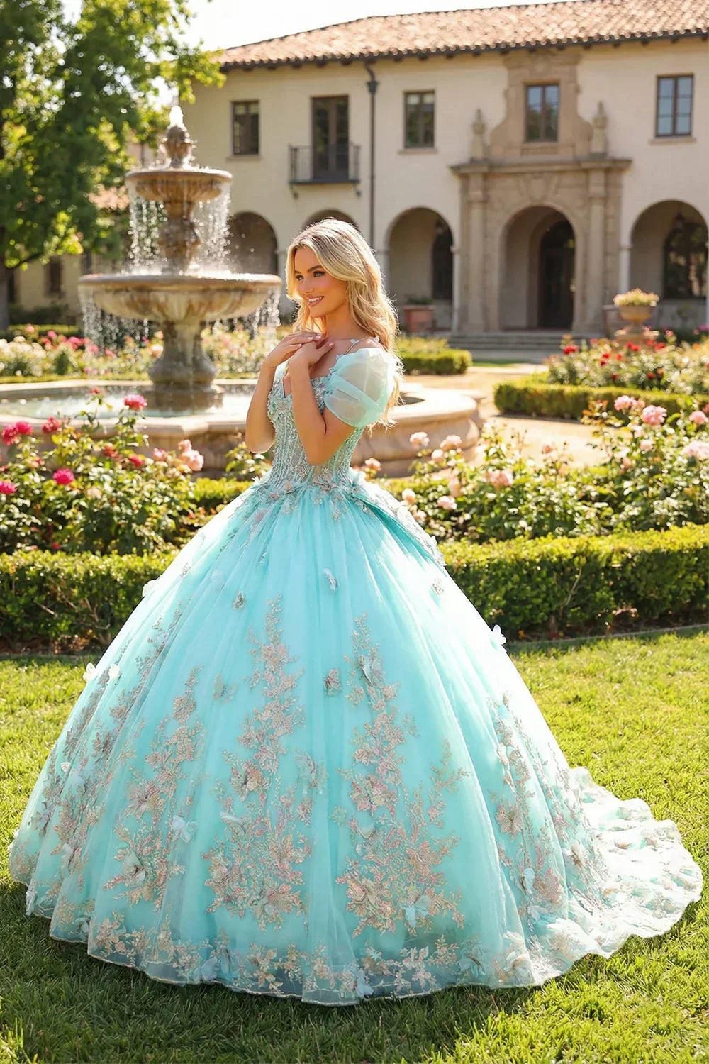 Elegant Ball Gown Cold Shoulder Quinceañera Dress With Floral Embroidery and 3D Butterfly | Promspark