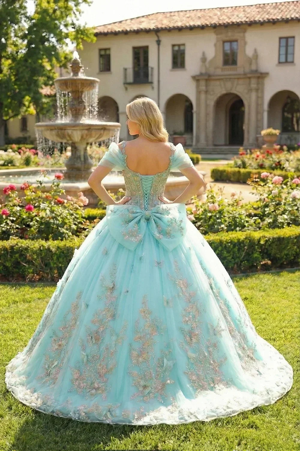 Elegant Ball Gown Cold Shoulder Quinceañera Dress With Floral Embroidery and 3D Butterfly | Promspark