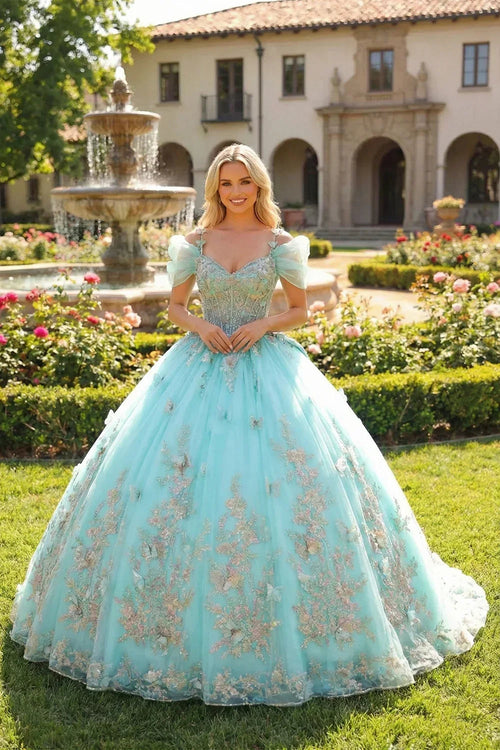 Elegant Ball Gown Cold Shoulder Quinceañera Dress With Floral Embroidery and 3D Butterfly | Promspark
