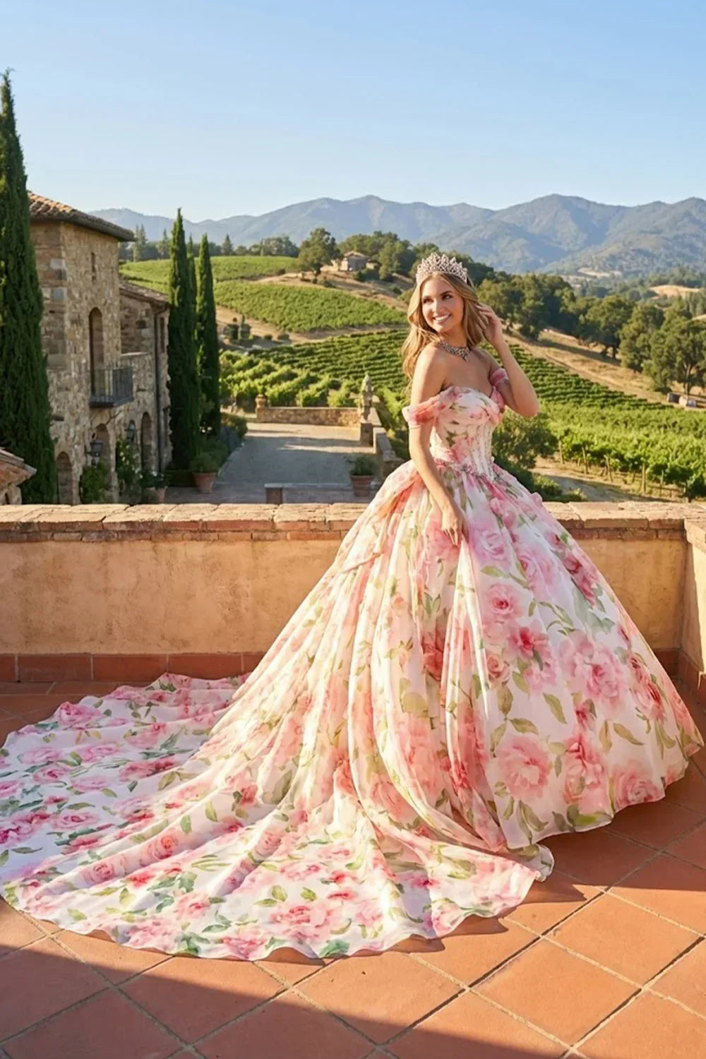 Elegant Ball Gown Cold Shoulder Quinceañera Dress With Floral Pattern | Promspark