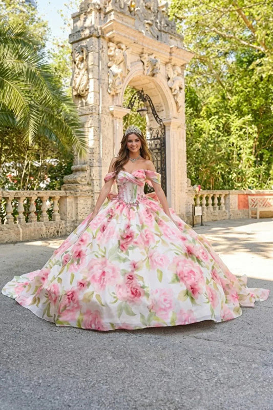 Elegant Ball Gown Cold Shoulder Quinceañera Dress With Floral Pattern | Promspark