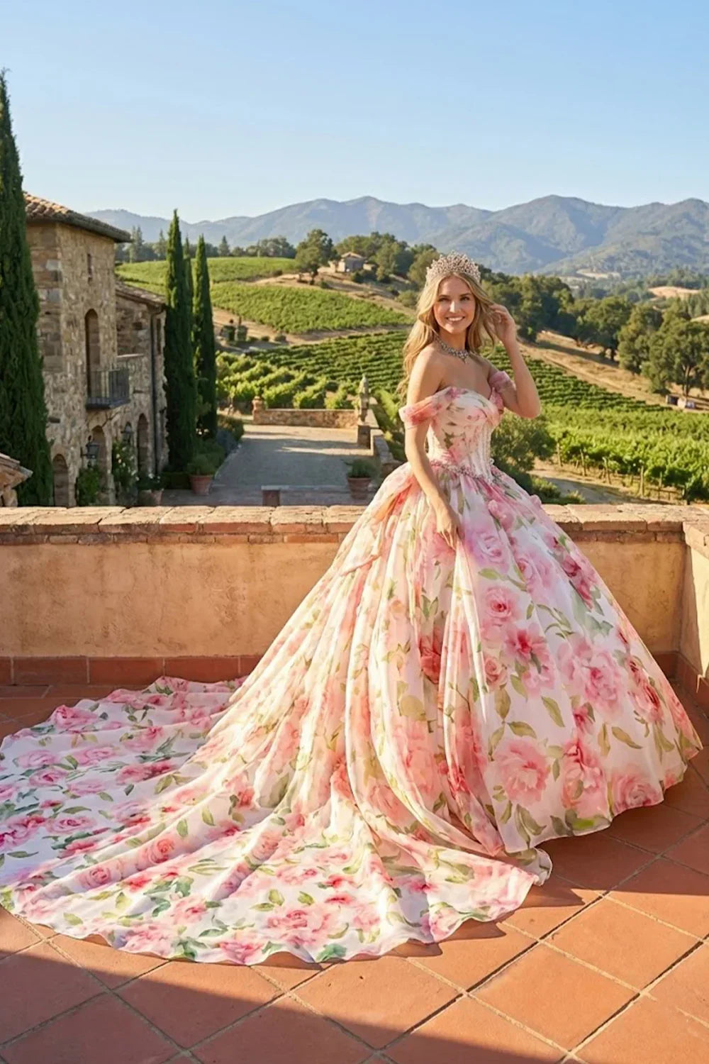 Elegant Ball Gown Cold Shoulder Quinceañera Dress With Floral Pattern | Promspark