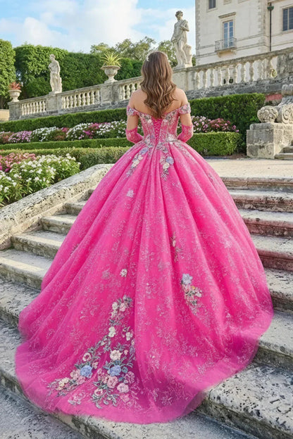 Elegant Ball Gown Cold Shoulder Quinceañera Dress With Sheer Sleeves | Promspark
