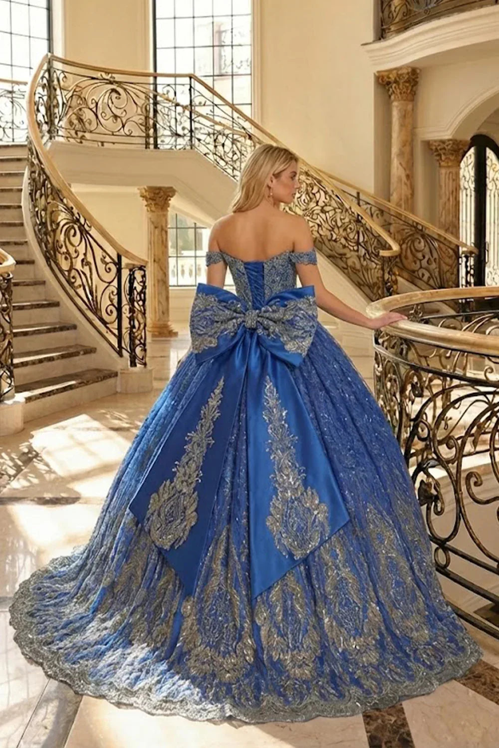Elegant Ball Gown Off-the-shoulder Quinceañera Dress With Floral Lace | Promspark