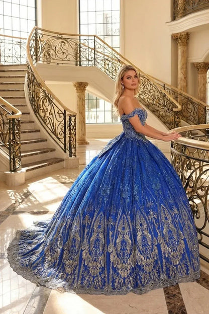 Elegant Ball Gown Off-the-shoulder Quinceañera Dress With Floral Lace | Promspark