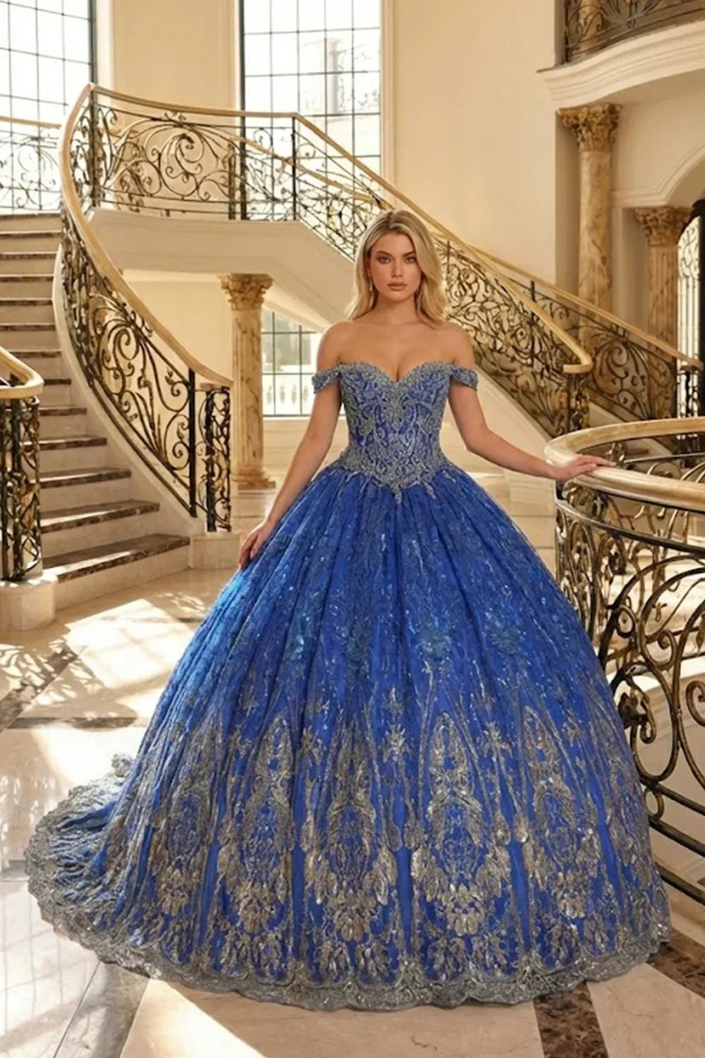 Elegant Ball Gown Off-the-shoulder Quinceañera Dress With Floral Lace | Promspark