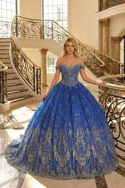 Elegant Ball Gown Off-the-shoulder Quinceañera Dress With Floral Lace | Promspark