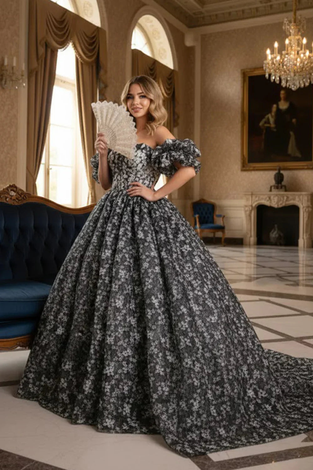 Elegant Ball Gown Off-the-shoulder Quinceañera Dress With Floral Pattern | Promspark