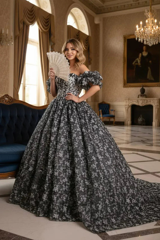 Elegant Ball Gown Off-the-shoulder Quinceañera Dress With Floral Pattern | Promspark