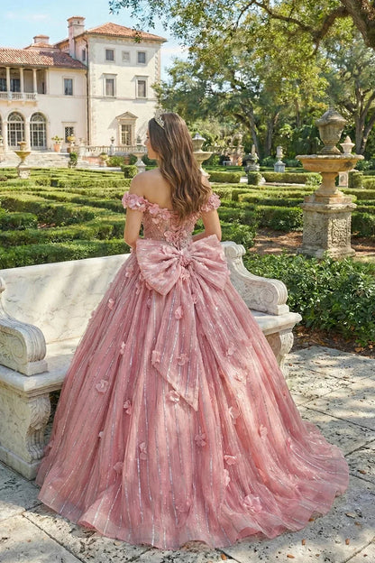 Elegant Ball Gown Off-the-shoulder Quinceañera Dress With Lace & 3D Floral | Promspark