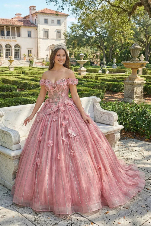 Elegant Ball Gown Off-the-shoulder Quinceañera Dress With Lace & 3D Floral | Promspark