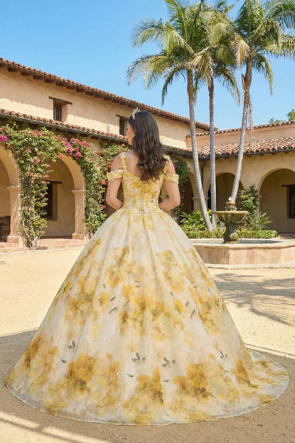 Elegant Ball Gown Spaghetti Strap Quinceañera Dress With Floral Pattern and Lace | Promspark