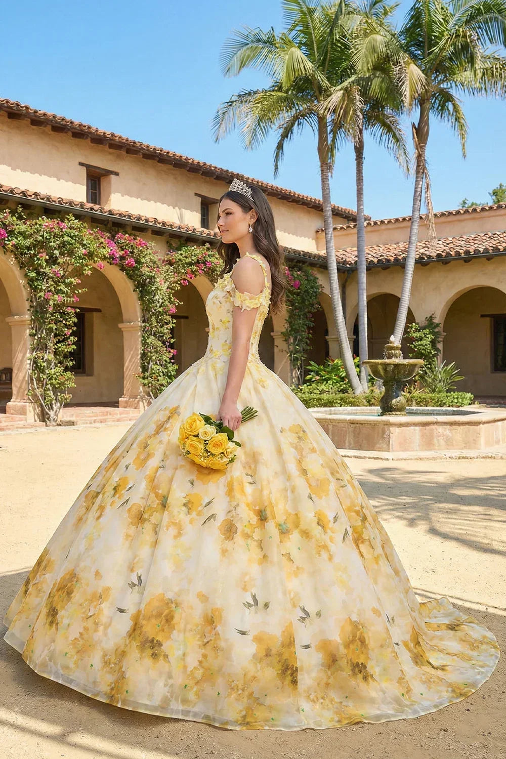 Elegant Ball Gown Spaghetti Strap Quinceañera Dress With Floral Pattern and Lace | Promspark