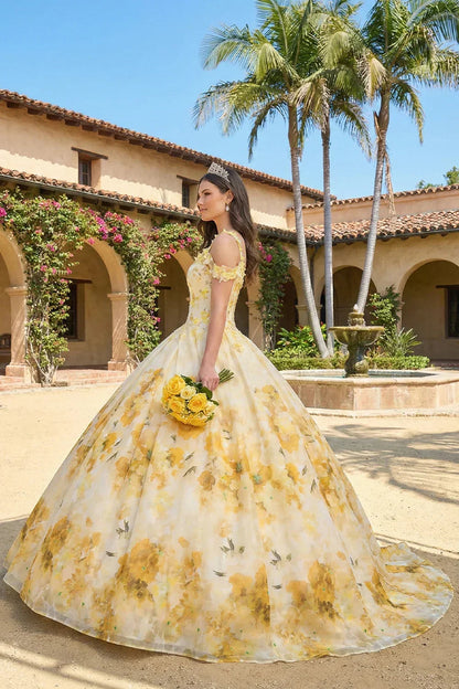Elegant Ball Gown Spaghetti Strap Quinceañera Dress With Floral Pattern and Lace | Promspark
