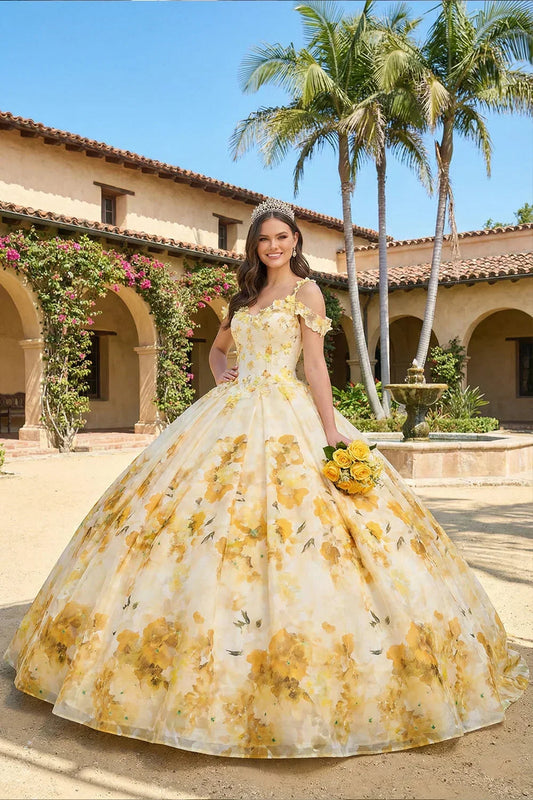 Elegant Ball Gown Spaghetti Strap Quinceañera Dress With Floral Pattern and Lace | Promspark