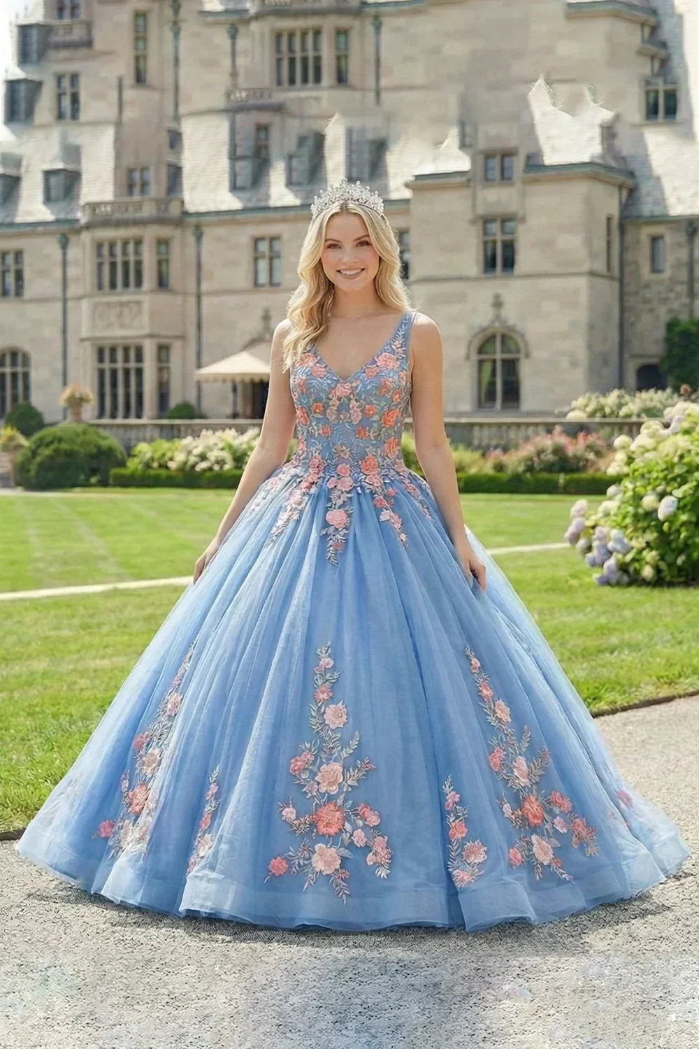 Elegant Ball Gown Spaghetti Strap Quinceañera Dress With Lace & 3D Floral | Promspark