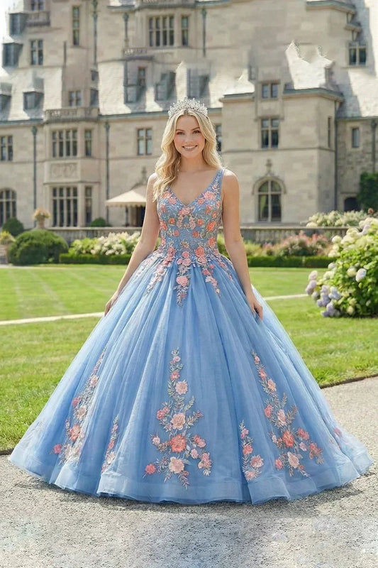 Elegant Ball Gown Spaghetti Strap Quinceañera Dress With Lace & 3D Floral | Promspark