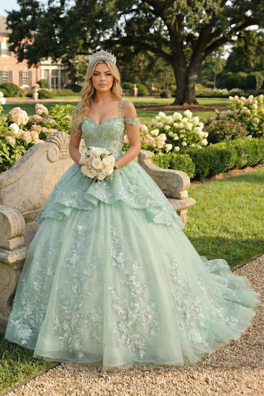 Elegant Ball Gown Cold Shoulder Quinceañera Dress With Floral Embroidery | Promspark