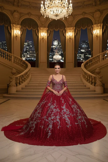 Exquisite Off-the-shoulder Tulle Long QUINCEAÑERA Dress With Embroidery & Glitter | Promspark