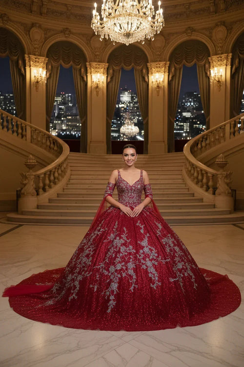 Exquisite Off-the-shoulder Tulle Long QUINCEAÑERA Dress With Embroidery & Glitter | Promspark