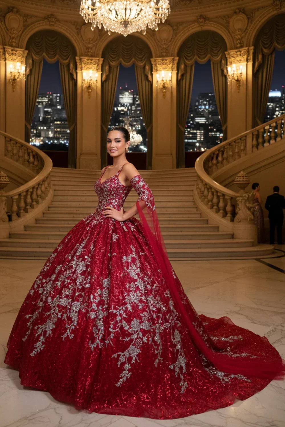 Exquisite Off-the-shoulder Tulle Long QUINCEAÑERA Dress With Embroidery & Glitter | Promspark