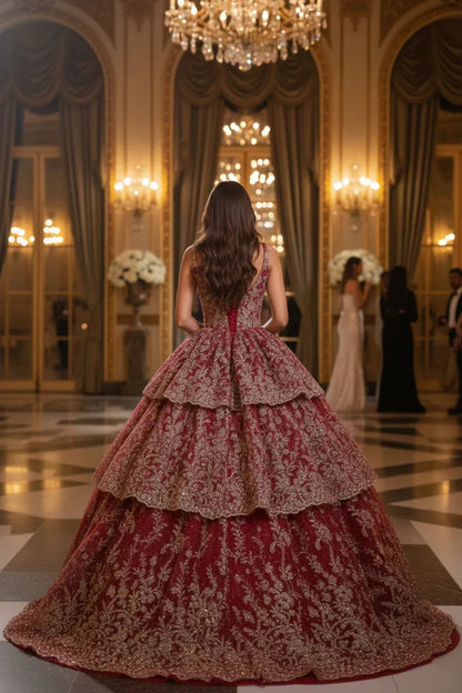 Exquisite Ball Gown V Neck Layered Tulle Long QUINCEAÑERA Dress With Appliqued | Promspark